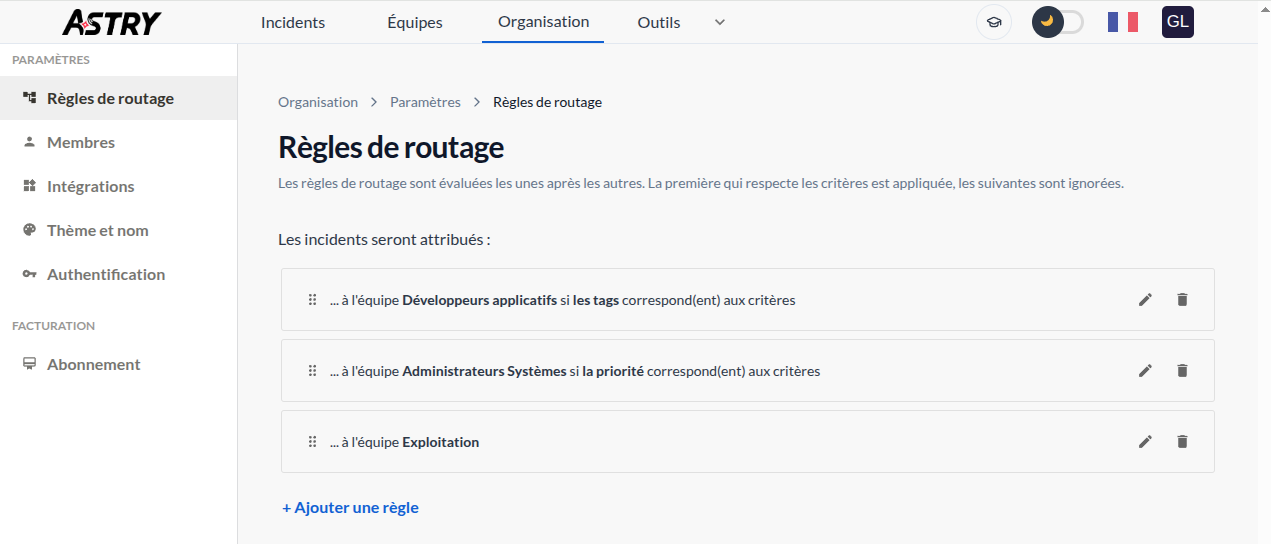 Exemple d'ordonnancement des règles de routage.