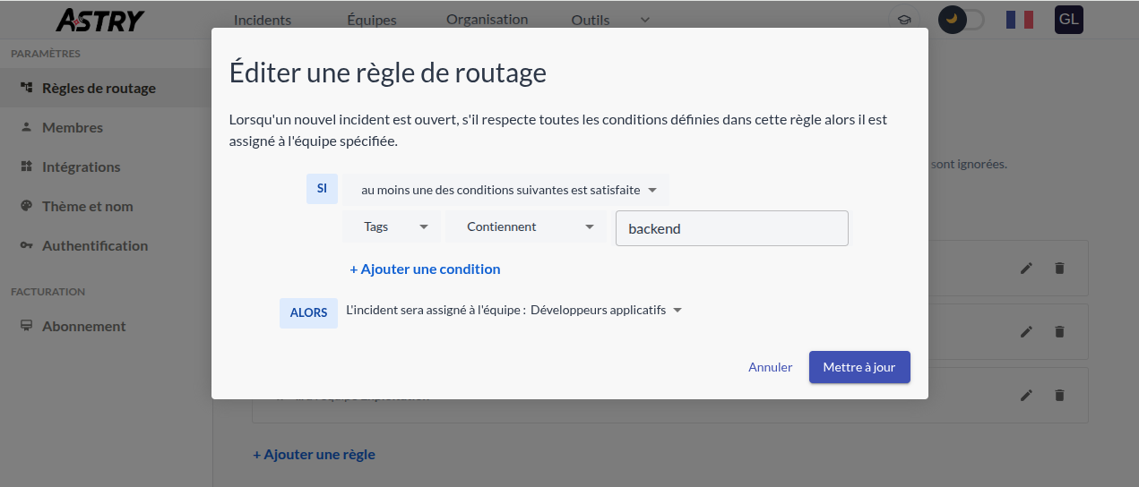 Exemple de définition d'une règle de routage.